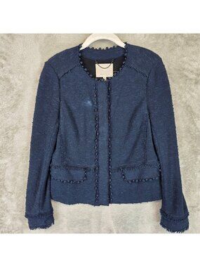 Rebecca Taylor Jacket Womens 8 Blue Tweed Collarless Fringe Snap Front Short